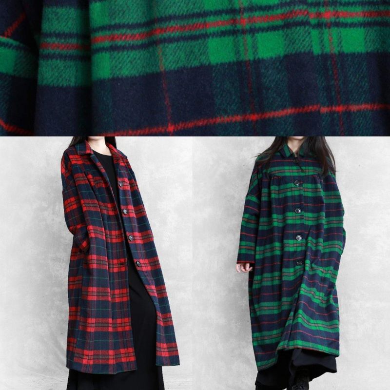 Vintage Plus Size Vinterfrakke Ulden Outwear Rød Plaid Med Hakkede Lommer Uld Overfrakke - Grøn