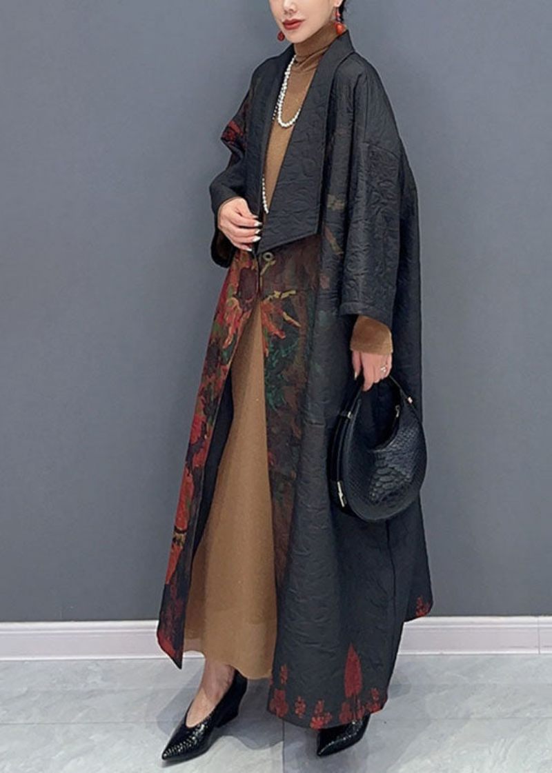 Vintage Sort Asymmetrisk Print Lange Trenchcoats Ærmer - Dame trenchcoats