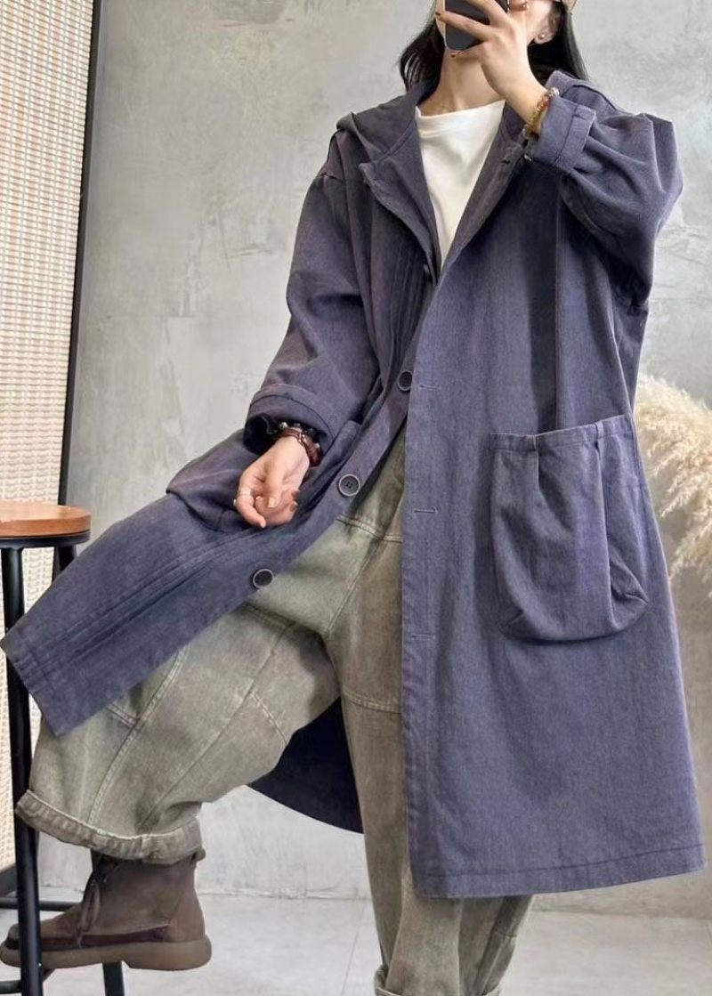 Vintage Sort Rynket Knap Hættetrøjer Denim Trench Coats Efterår - Sort