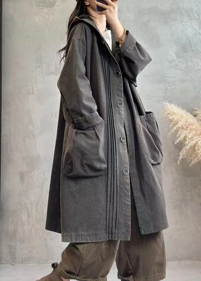 Vintage Sort Rynket Knap Hættetrøjer Denim Trench Coats Efterår - Sort