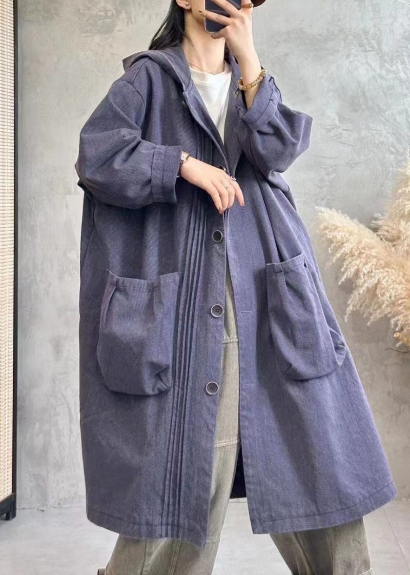 Vintage Sort Rynket Knap Hættetrøjer Denim Trench Coats Efterår - Sort