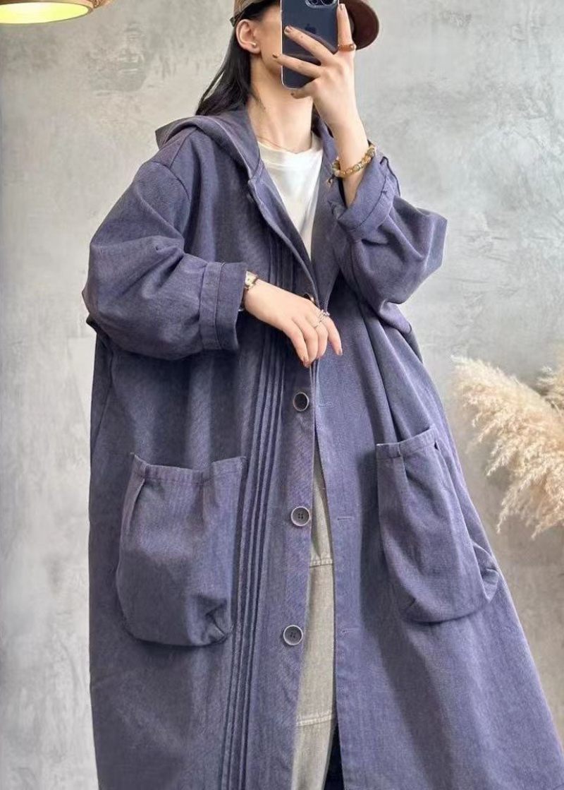 Vintage Sort Rynket Patchwork Knap Hættetrøje Denim Trenchcoats Lange Ærmer - Sort