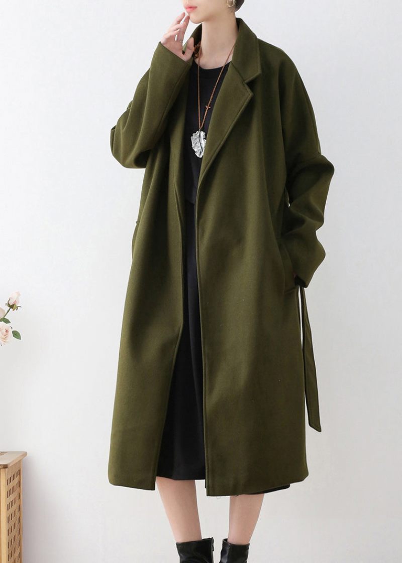 Vogue Army Green Notched Tie Talje Woolen Trench Coats Vinter