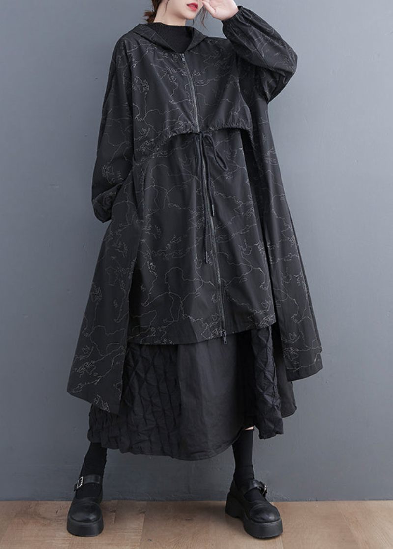 Vogue Black Asymmetrisk Patchwork Print Lynlås Tie Talje Hættetrøje Trench Coat Fall