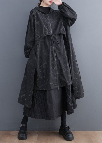 Vogue Black Asymmetrisk Patchwork Print Lynlås Tie Talje Hættetrøje Trench Coat Fall