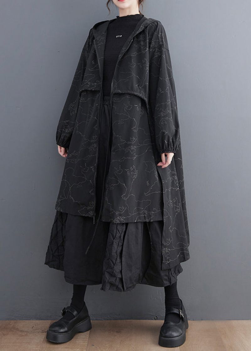 Vogue Black Asymmetrisk Patchwork Print Lynlås Tie Talje Hættetrøje Trench Coat Fall - Dame trenchcoats