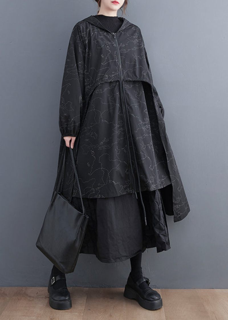 Vogue Black Asymmetrisk Patchwork Print Lynlås Tie Talje Hættetrøje Trench Coat Fall - Dame trenchcoats