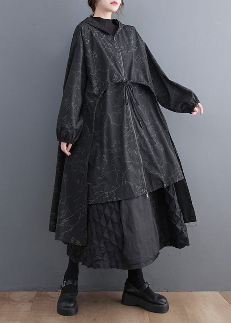 Vogue Black Asymmetrisk Patchwork Print Lynlås Tie Talje Hættetrøje Trench Coat Fall - Dame trenchcoats