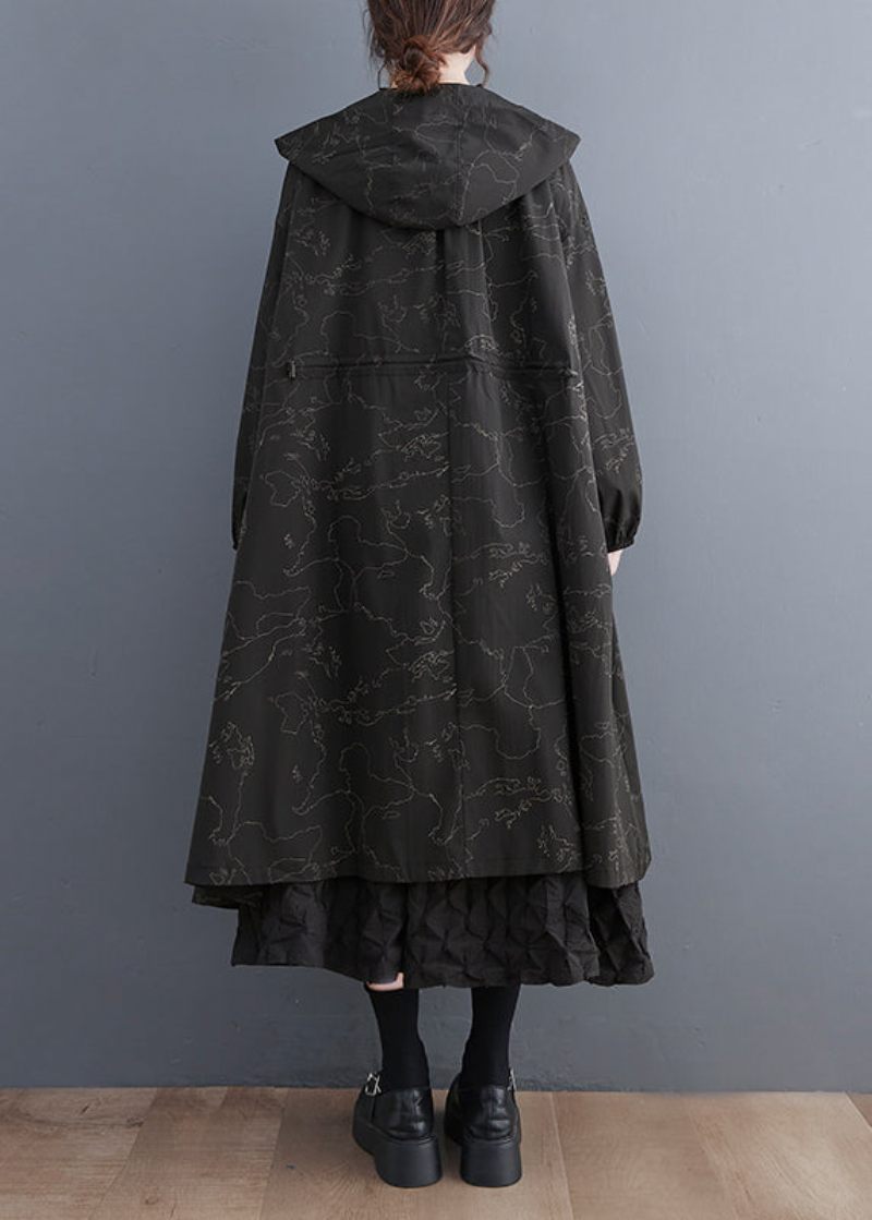 Vogue Black Asymmetrisk Patchwork Print Lynlås Tie Talje Hættetrøje Trench Coat Fall - Dame trenchcoats