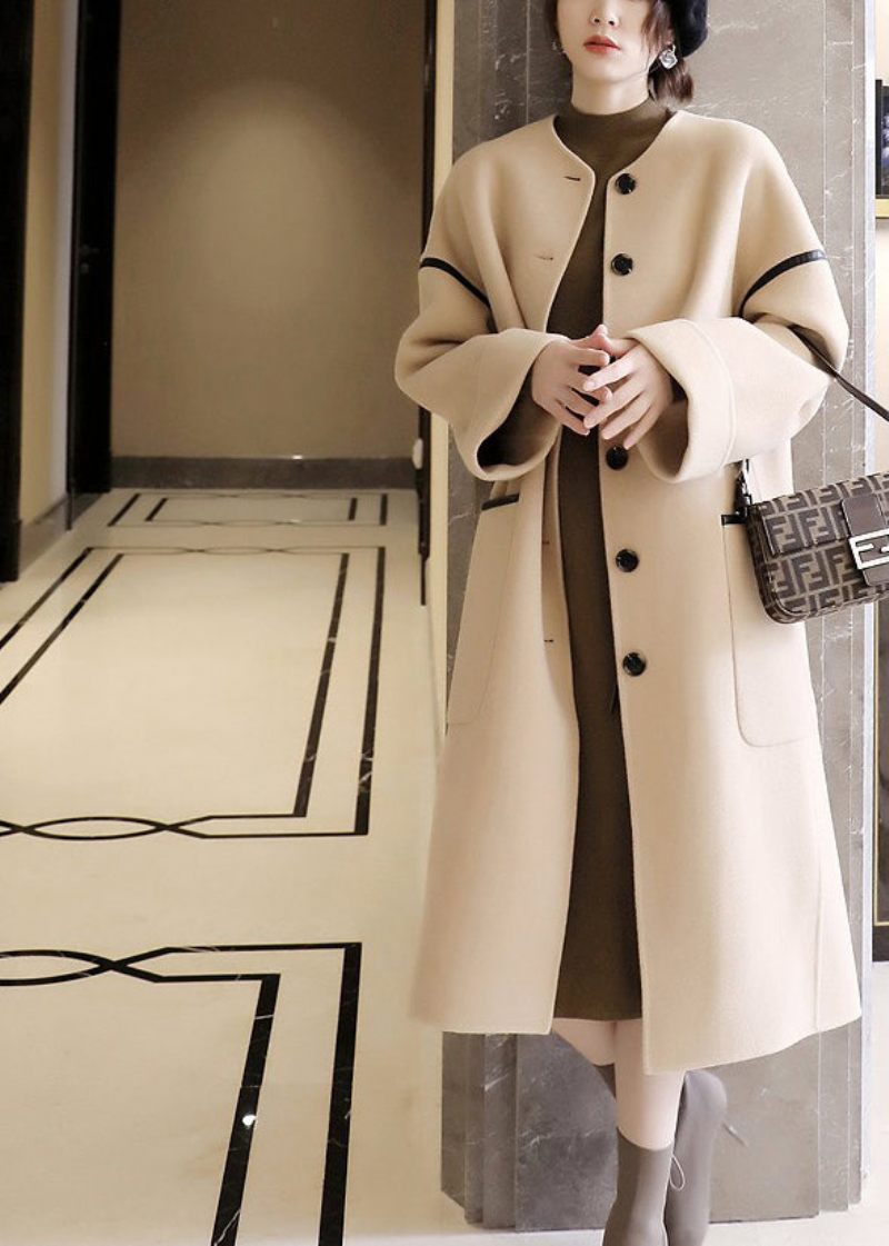 Vogue O-hals Lommer Patchwork Knap Uldne Trenchcoats Lange Ærmer - Dame trenchcoats