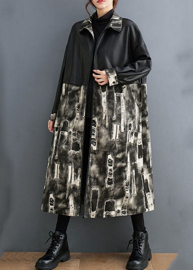 Vogue Sort Stand Krave Print Kunstlæder Patchwork Lange Trench Coats Ærmer - Dame trenchcoats