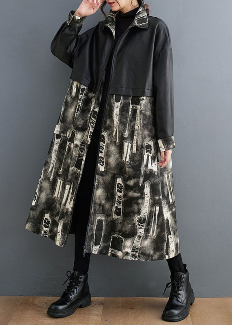 Vogue Sort Stand Krave Print Kunstlæder Patchwork Lange Trench Coats Ærmer - Dame trenchcoats