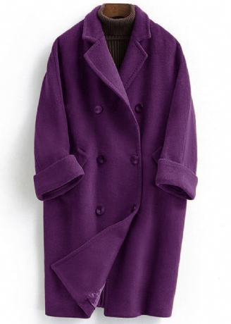 Woolen Coat Trendy Plus Size Lang Dobbeltbryst Kvinder Lilla Frakker Med Hak