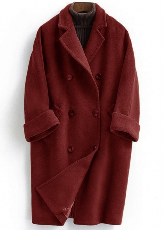 Woolen Coat Trendy Plus Size Lang Dobbeltbryst Kvinder Vinrøde Frakker